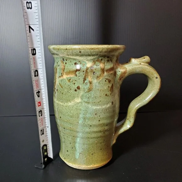 Studio Pottery Tall Mug Stoneware Leaf Motif Green Brown Handle with thumb rest - Picture 9 of 10